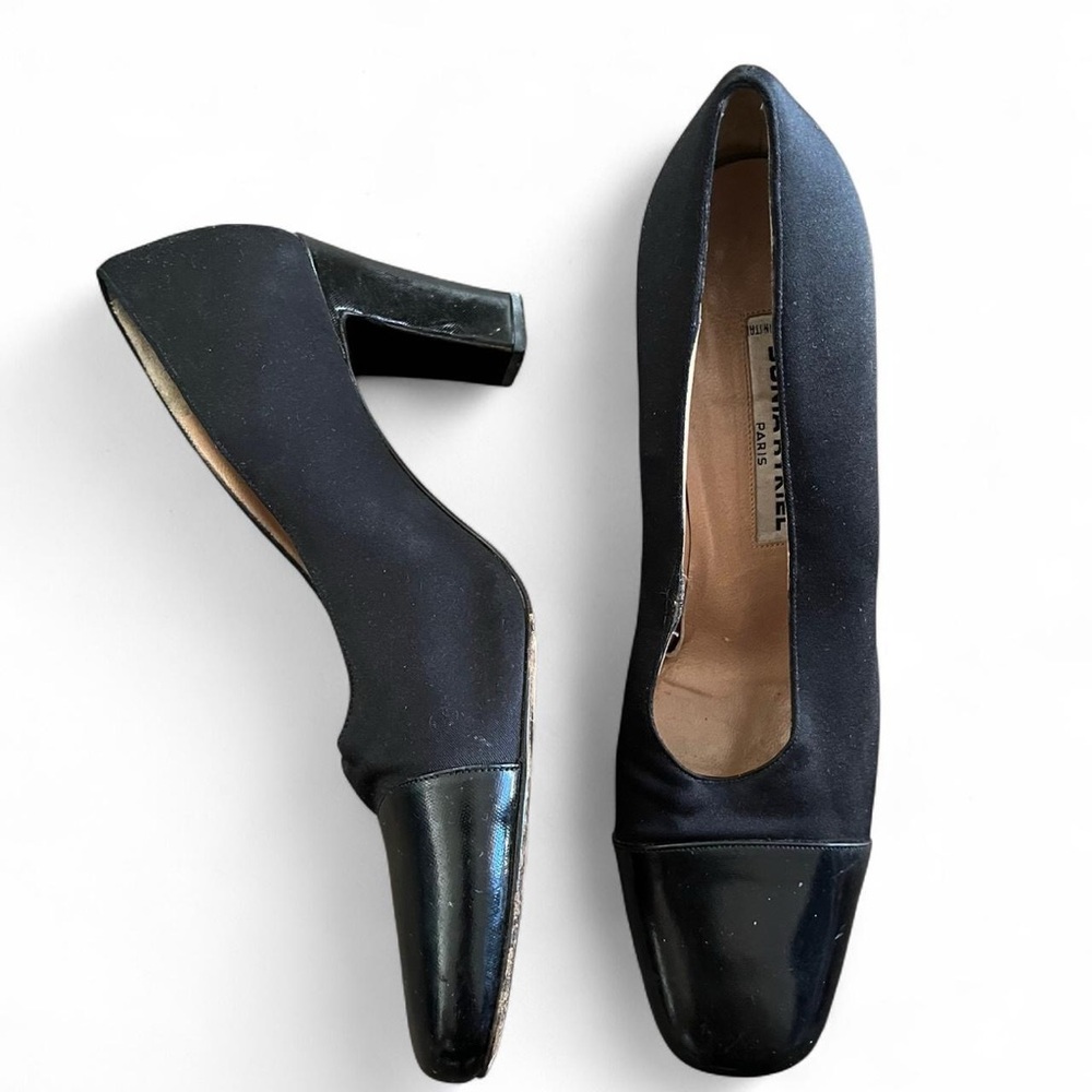 Vintage Sonia Rykiel Black Satin and Leather toe Square Block heel